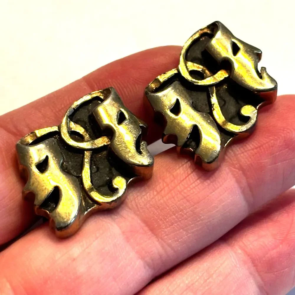 Vintage Mid Century 60's Gold Cufflinks Thespian masks comedy & tragedy faces